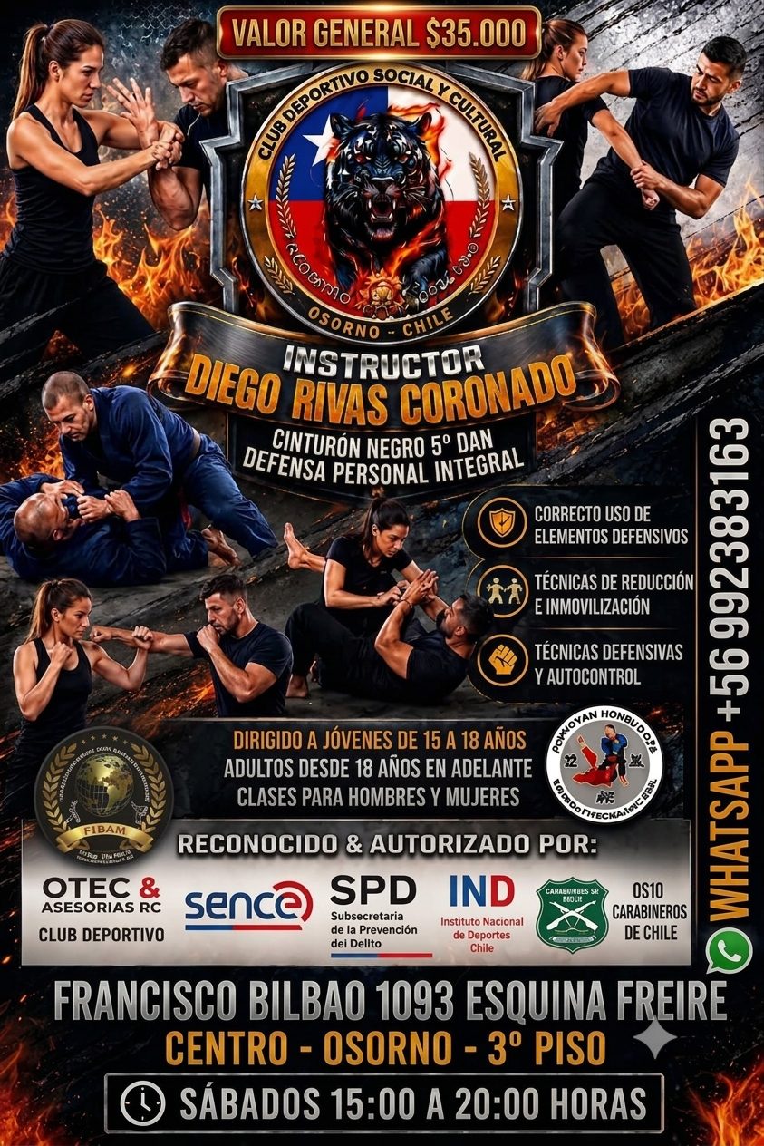 Defensa personal integral, sábados de 15:00 a 20:00, valor general $35.000