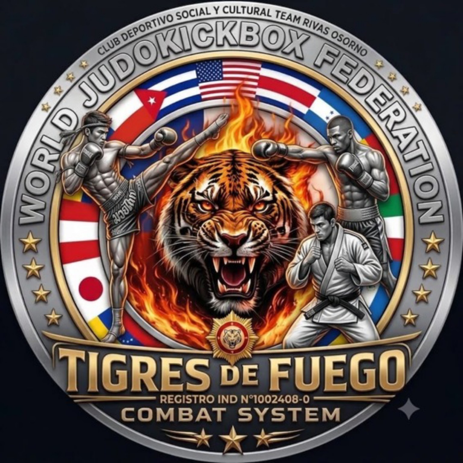Emblema de Tigres de Fuego con tigre y practicantes de deportes de combate